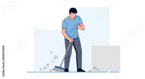 Cleaning Up Concept: A Person Sweeping Floor, Housework Illustration in Flat Design Style