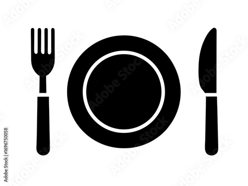 Dish, fork, knife and plate icon set  simple   silhouette vector