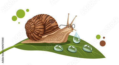 Clever Snail Wearing Glasses Sitting On Green Leaf With Water Droplets Illustration