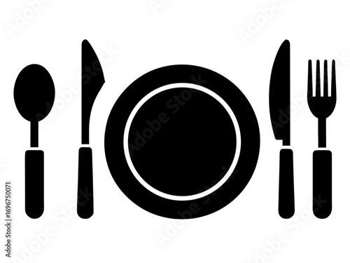 Dish, fork, knife and plate icon set  simple   silhouette vector