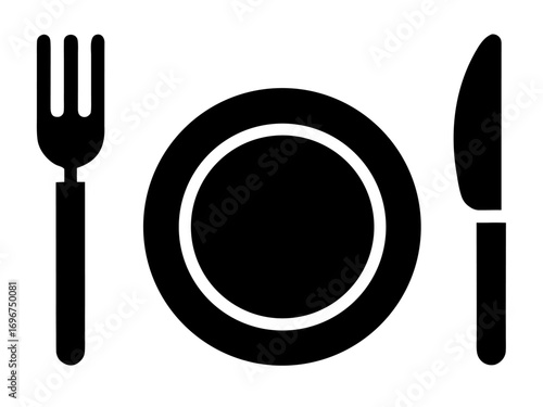 Dish, fork, knife and plate icon set  simple   silhouette vector