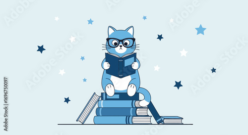 Clever Cat Reads Literary Works, Studious Kitten With Eyeglasses Enjoying Publications