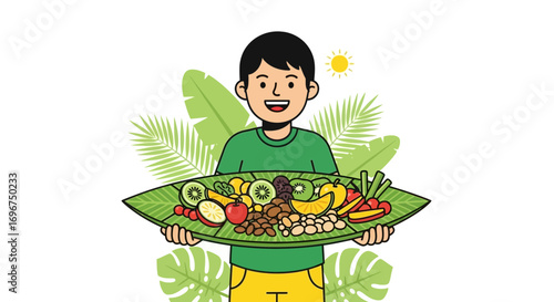 Cheerful Individual Displaying a Healthy Platter of Tropical Fruits and Nuts