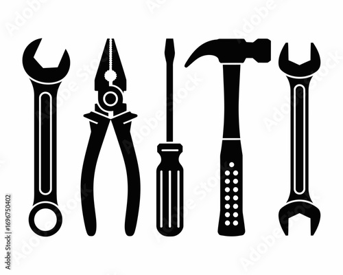 Vector illustration of essential hand tools including wrenches pliers screwdriver and hammer for repair and diy projects