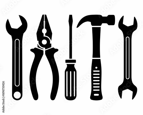Collection of black silhouette tools including wrenches screwdriver pliers hammer for construction and repair vector illustration
