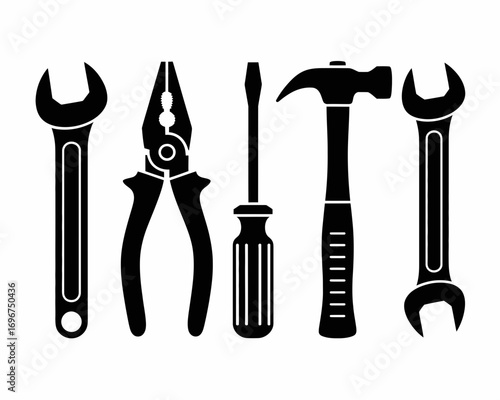 Silhouette vector illustration of essential hand tools including wrenches pliers and screwdriver for diy and construction projects