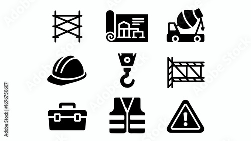 Set of 9 black and white construction icons for scalable vector graphics projects and applications
