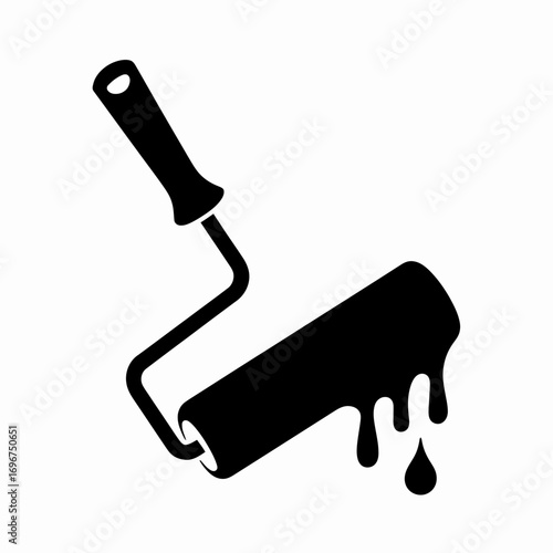 Black silhouette vector illustration of a paint roller dripping fresh paint scalable for various design projects