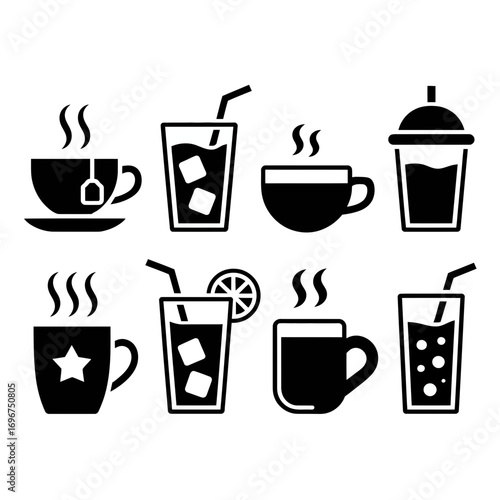 Set of eight black and white vector icons depicting various hot and cold beverages including coffee cups and glasses with ice and straws suitable for web and print.