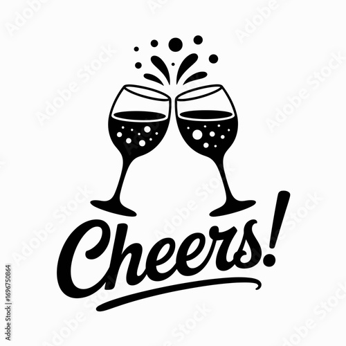 Celebratory cheers toast vector illustration minimalist silhouette of two glasses clinking together with bubbles and festive typography