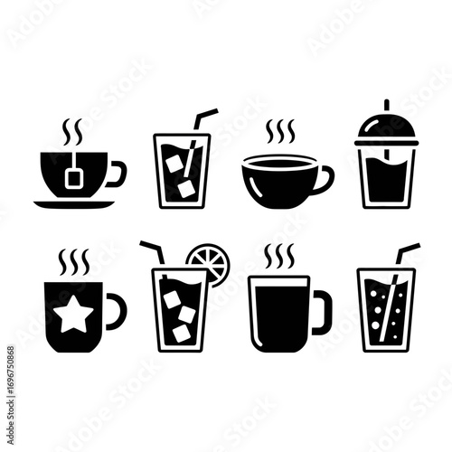 Set of eight black and white vector icons featuring various hot and cold beverages and drinks for diverse design applications.