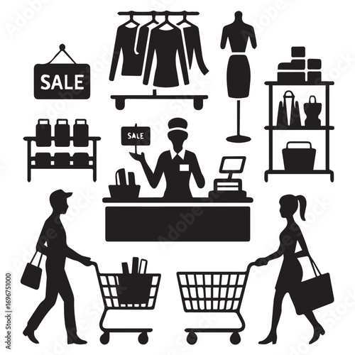 Silhouette illustration of a shopping scene isolated on white background