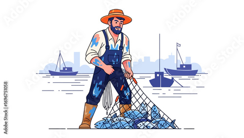 Fishing Harvest: A hardworking fisherman, bathed in sunlight, secures a bountiful catch of fish while aboard his sturdy vessel on a tranquil sea.