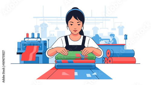 Textile worker's hardwork: A skilled female worker meticulously folds freshly made fabric rolls. The scene provides insight into the textile process.