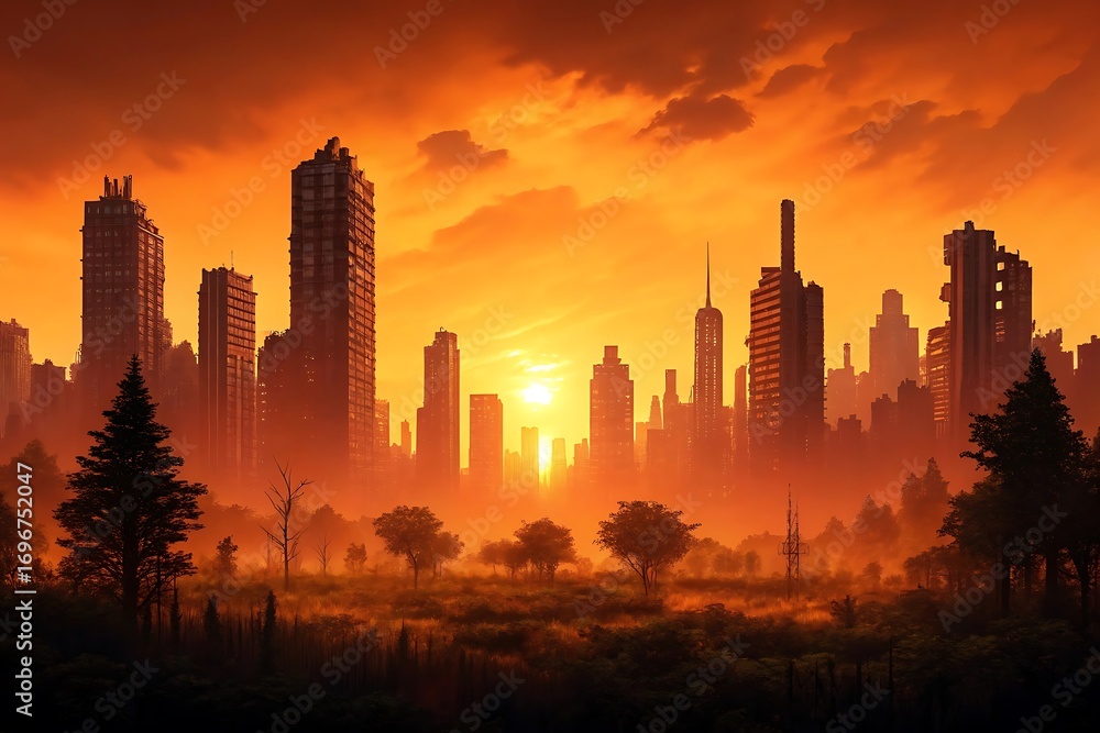 Obraz premium Futuristic cityscape silhouettes at sunset with vibrant orange sky and dramatic lighting