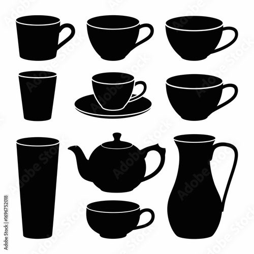 Set of silhouette coffee teacups mugs glasses teapot and pitcher vector illustration for scalable graphic design