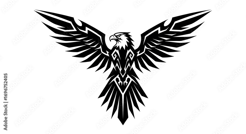 Fototapeta premium Majestic Tribal Eagle Design: A Striking Black and White Vector Graphic of a Soaring Bird