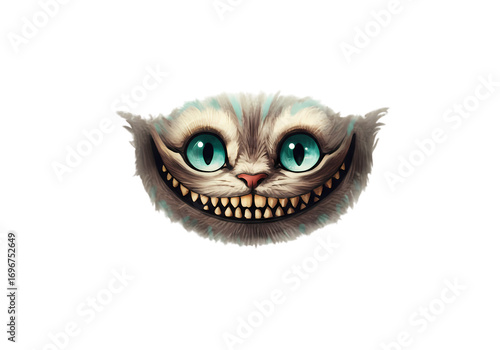 Cheshire Cat Grin Digital Painting of a Feline Face with Wide Eyes and Grinning Teeth isolated on transparent background