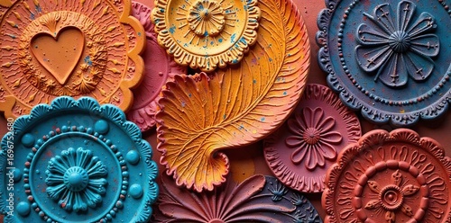 Intricate clay patterns showcase a variety of textures and shapes, created using diverse tools and techniques, highlighting the artistry and detail in handcrafted claywork , brown, red