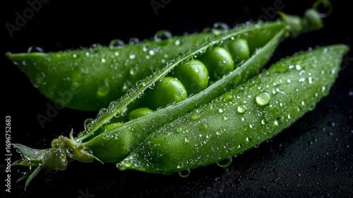 Fresh green pea pods with water droplets on black background. AI generated