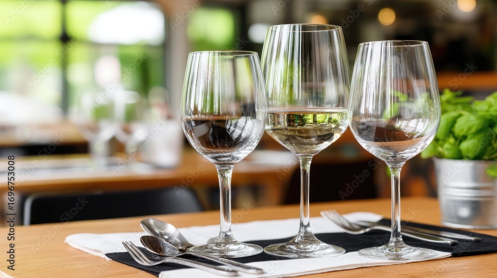 Obraz premium Elegant table setting with wine glasses and cutlery in a cozy restaurant during daytime dining experience
