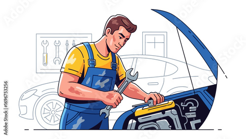 Automotive Expertise: A skilled mechanic focuses intently on servicing a car engine, showcasing professional craftsmanship within a modern automotive environment.