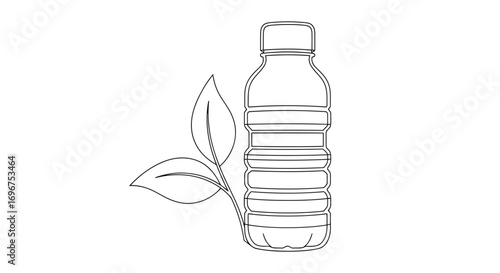 Vector illustration of outline drawing of a water bottle with leaves