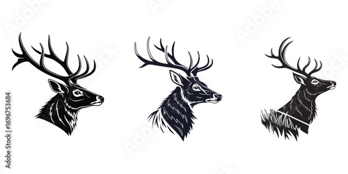deer head silhouette Vector white background, Deer Head Silhouettes, Deer vector silhouette single collection, Deer Wild deer. Deer antlers silhouette. Vintage wildlife logo. silhouette of deer.
