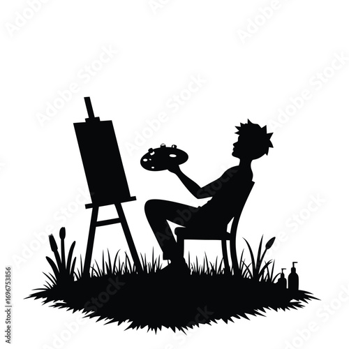 Silhouette of artist painting on easel with palette Keywords: artist, painting, easel, canvas