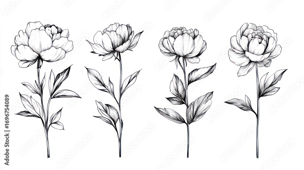 Obraz premium Four peony flowers ink drawing on white background