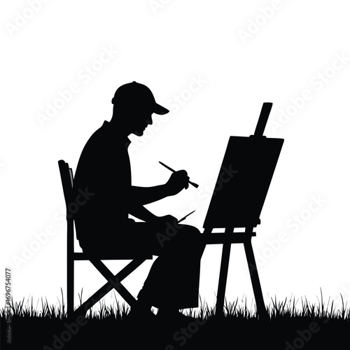 Silhouette of artist painting outdoors on a white background