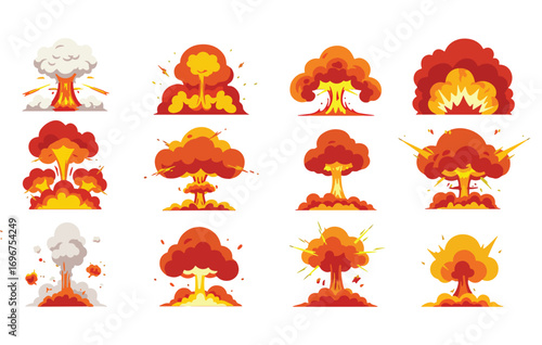 Cartoon illustrations of stylized explosions in shades of orange red and yellow arranged in a 4x3 grid on a white background