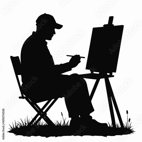 Silhouette of artist painting outdoors on a white background