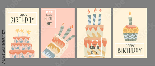 Colorful birthday card designs with cakes and candles in pastel tones.