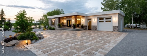 Modern house exterior with beautiful landscaping and patio in the late afternoon light near a lakeshore