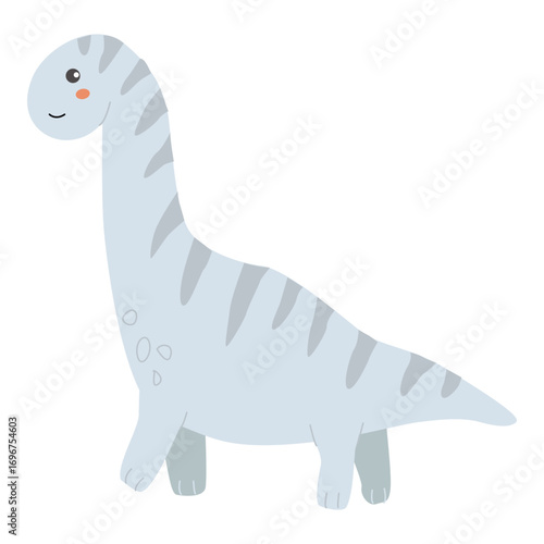 Cute cartoon dinosaur with stripes and blush cheeks.