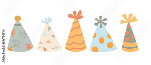 Colorful party hats in various designs and patterns for celebration.