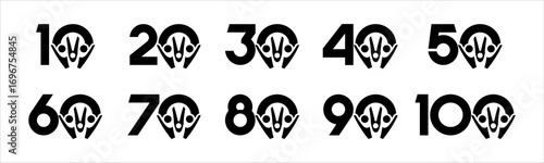 Set of collection numbers 1 to 10 with people element vector illustration. Teamwork element with numbers 10, 20, 30, 40, 50, 60, 70, 80, 90, 100 for greetings, anniversary and more.	