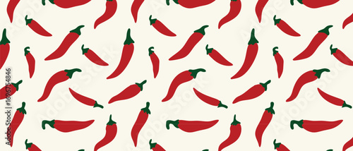 Vector art of a vibrant and repeating pattern of red chili peppers with green stems on a textured cream background, perfect for food themes