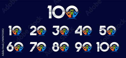 Set of collection numbers 1 to 10 with people element vector illustration. Teamwork element with numbers 10, 20, 30, 40, 50, 60, 70, 80, 90, 100 for greetings, anniversary and more.	
