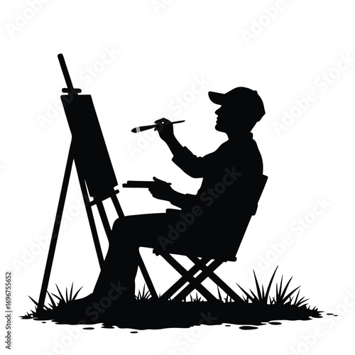Silhouette of artist painting outdoors on white background Keywords: artist, painting, easel