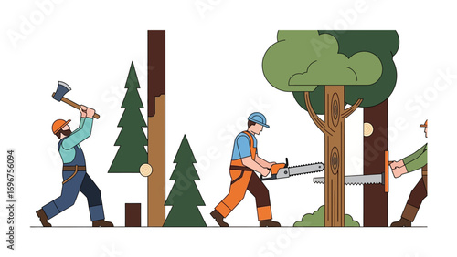 Forestry Workers at Work: An illustration depicting forestry workers felling trees using axes and chainsaws, showcasing the process of forest management and the crucial role of these laborers.