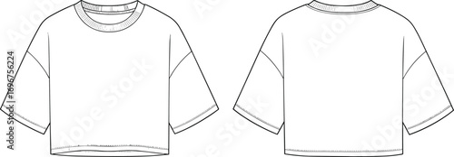 Cropped oversized t-shirt flat sketch, front and back view, fashion drawing, vector template, unisex top design, casual wear illustration