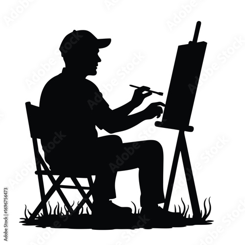 Silhouette of artist painting with brush and palette on white background Keywords: artist