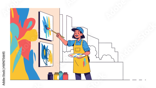 Creative Inspiration: A female artist immersed in her creative process, expertly painting a colorful masterpiece, bringing art to life