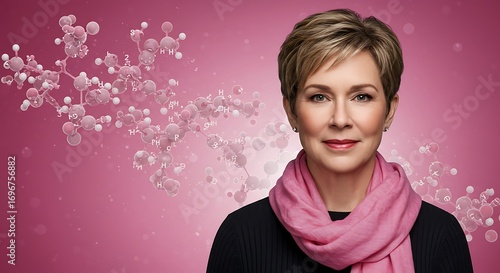 High-Definition Breast Cancer Survivor Portrait with Pink Scarf and Trastuzumab Molecules  