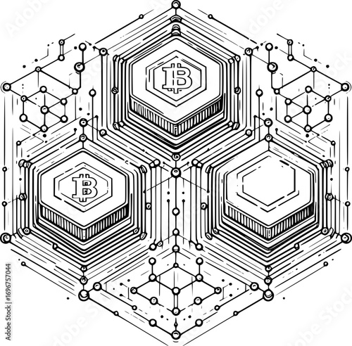 Monochrome vector illustration of blockchain network nodes, clean outline digital connection design, simple technology and finance symbol in line art