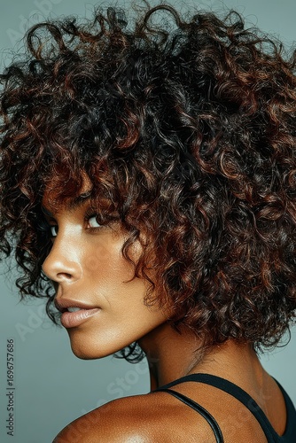 Striking Close-Up Portrait of a Beautiful Woman with Defined Auburn Curls and Radiant Skin, Captured with Intense Gaze and Natural Light