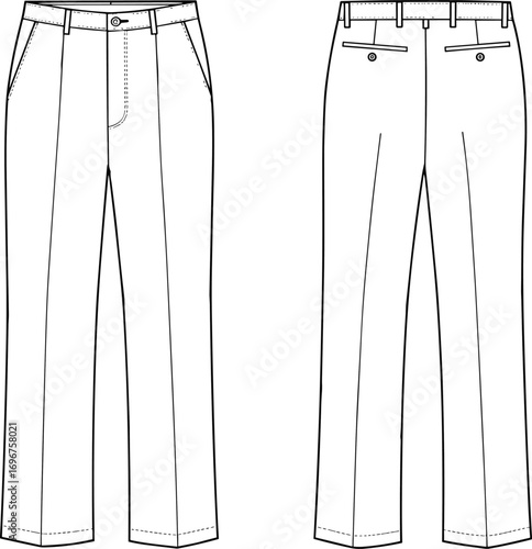 Men's dress pants flat sketch, front and back view, technical drawing, vector template, formal trousers, clothing design, fashion illustration