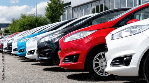 Various compact cars lined up for sale at a dealership under clear skies on a sunny day, showcasing vibrant colors and distinct designs for potential buyers